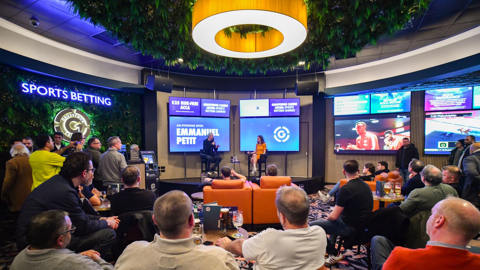 Arsenal legend Emmanuel Petit speaking at the new Sports Betting Lounge at Grosvenor Casino Luton