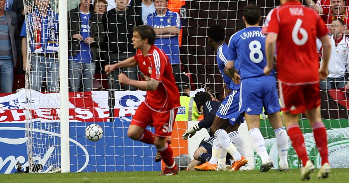 Daniel Agger wheels away in celebration after scoring for Liverpool against Chelsea in the 2007 Champions League semi-finals