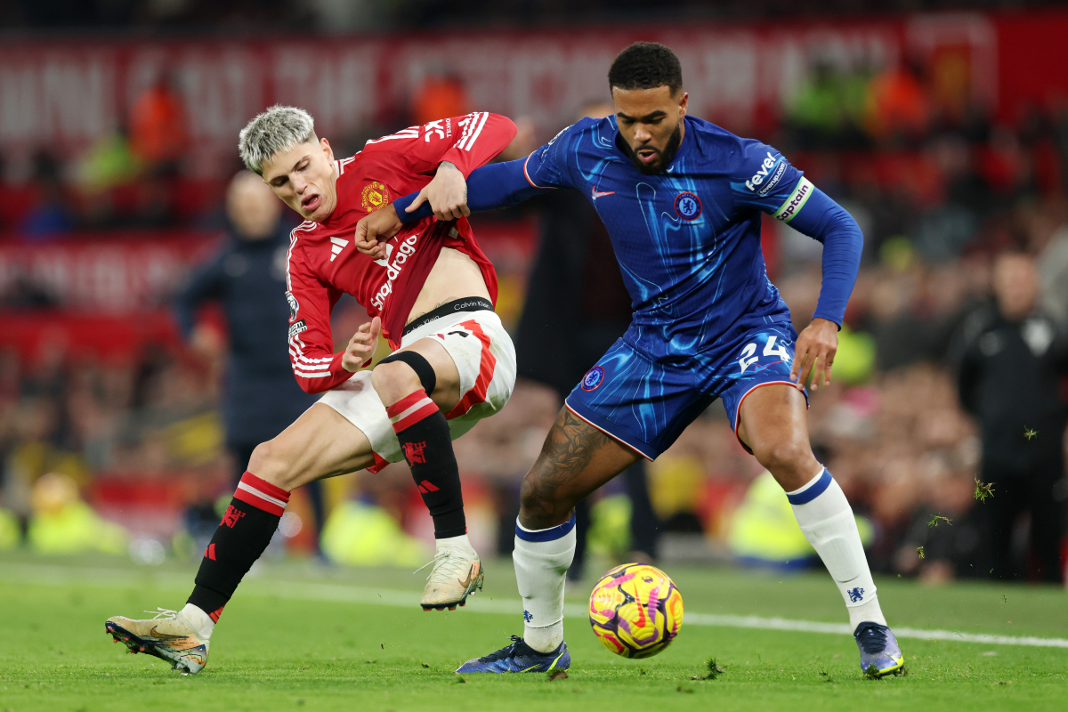 Alejandro Garnacho vies with Chelsea’s Reece James.