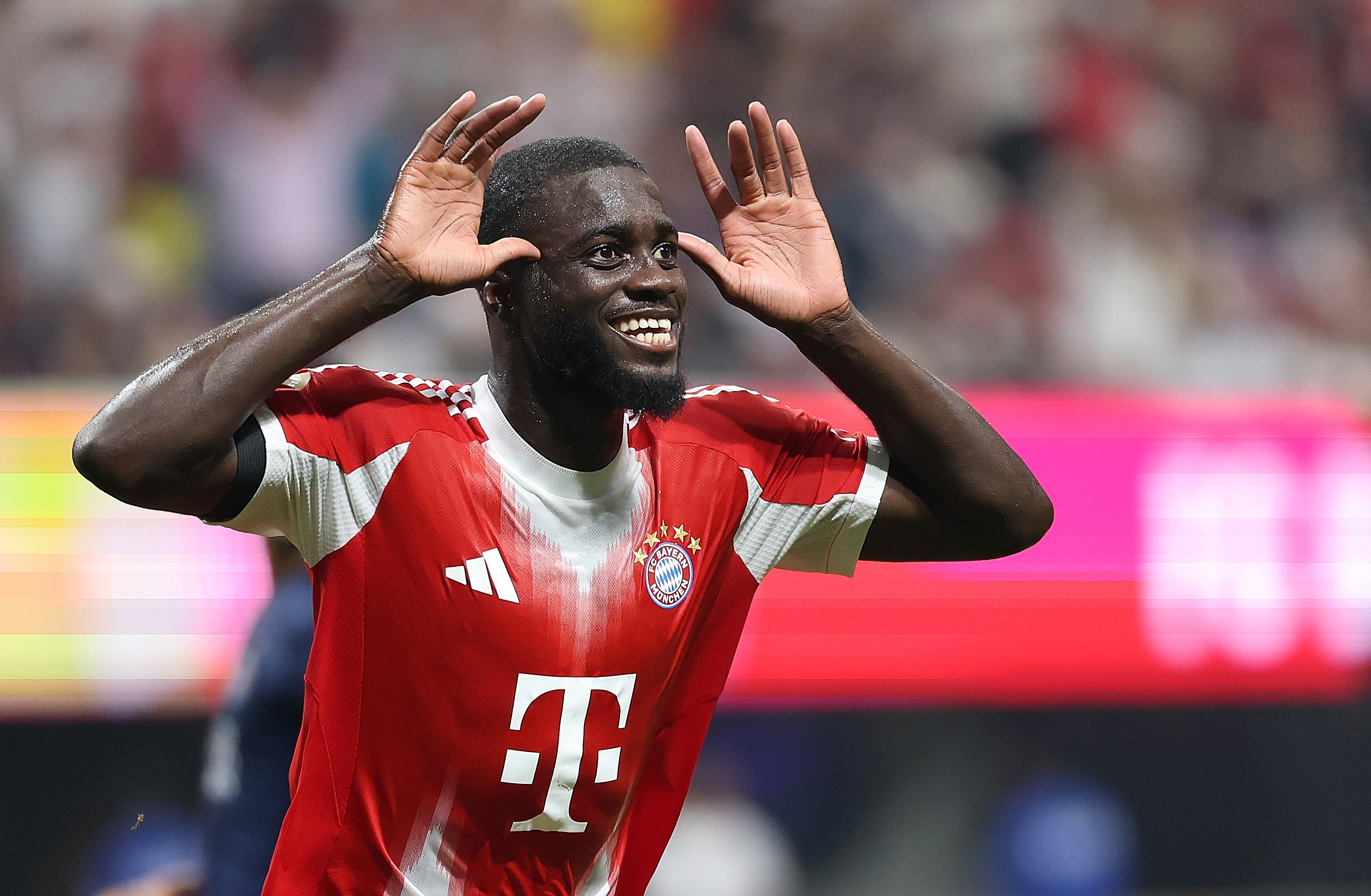 Dayot Upamecano celebrates a goal for Bayern Munich.