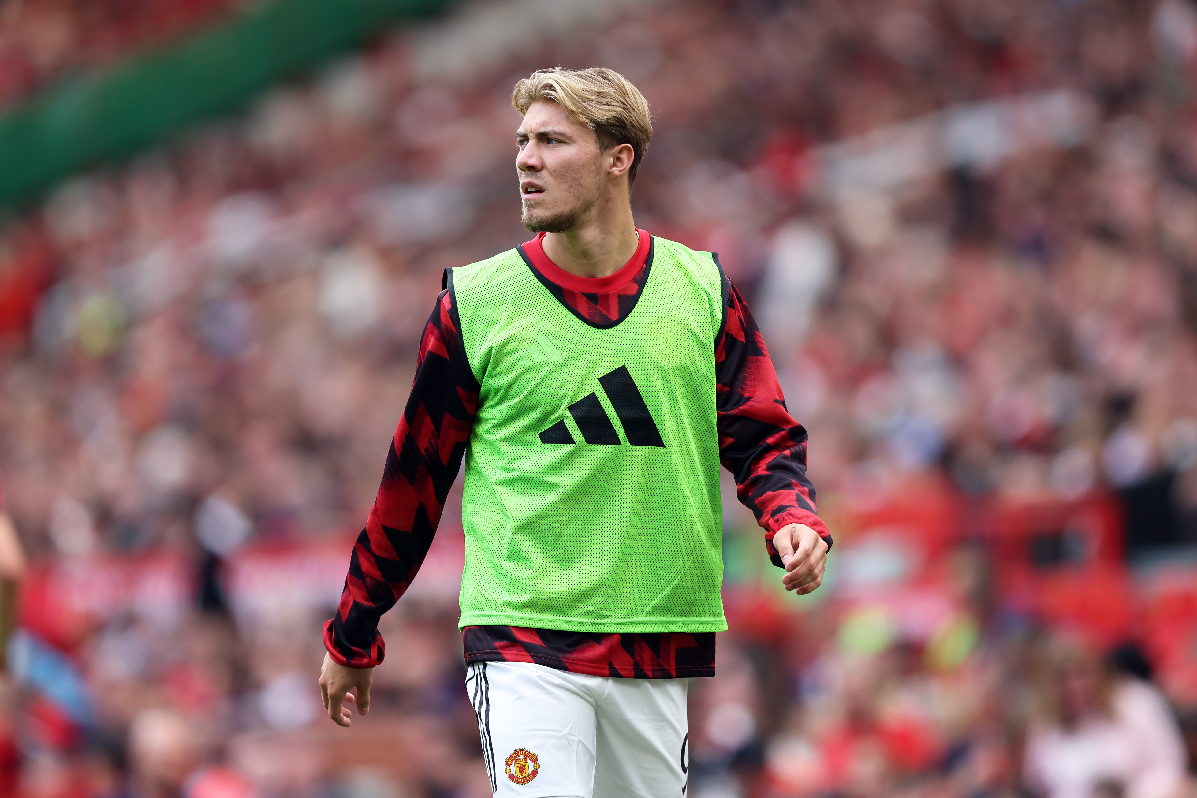 Rasmus Hojlund looks on