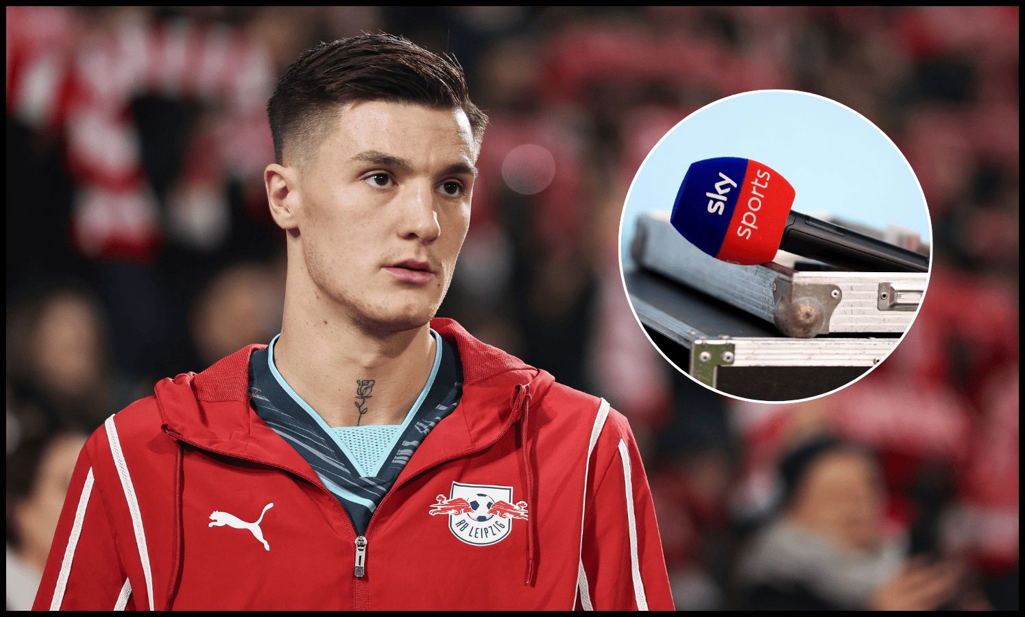 Benjamin Sesko looks on before kick-off for RB Leipzig.