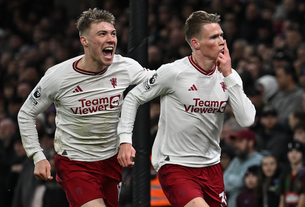 Rasmus Hojlund celebrates with Scott McTominay.