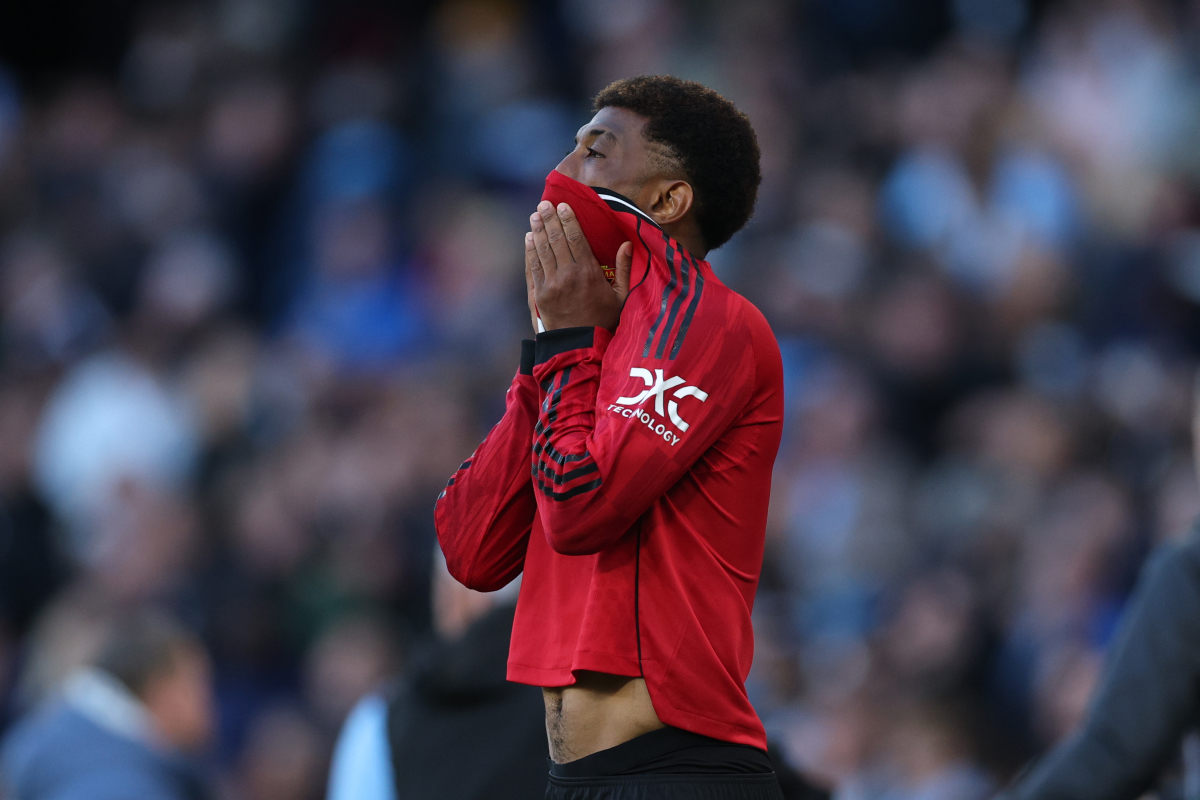 Amad Diallo looks rejected after Man United’s Manchester derby defeat.