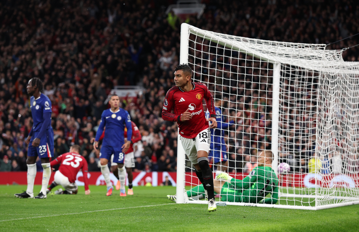 Casemiro celebrates after scoring vs Chelsea.