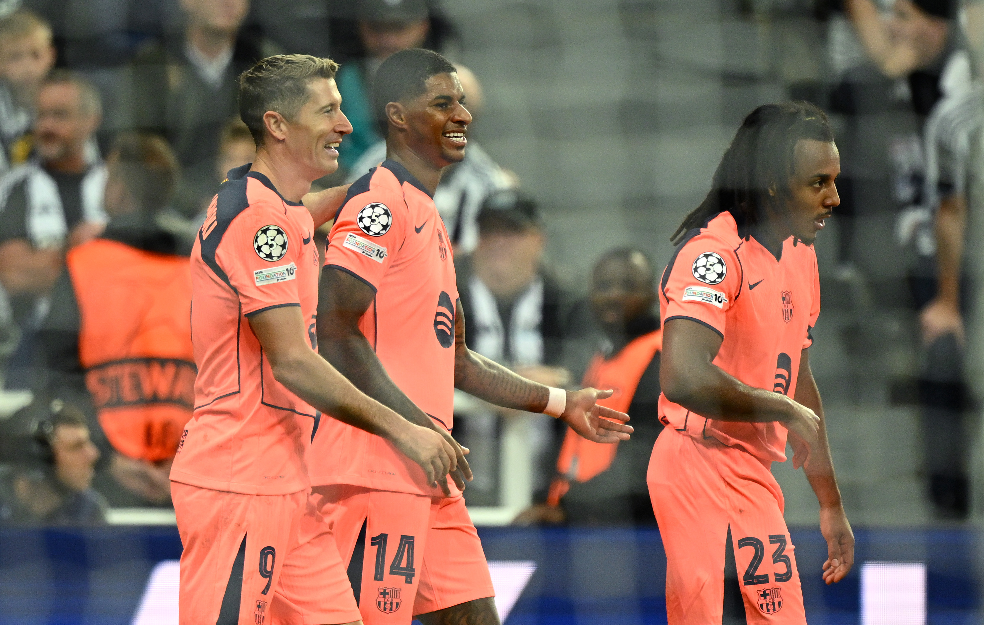 Marcus Rashford celebrates after scoring vs Newcastle United for Barcelona.