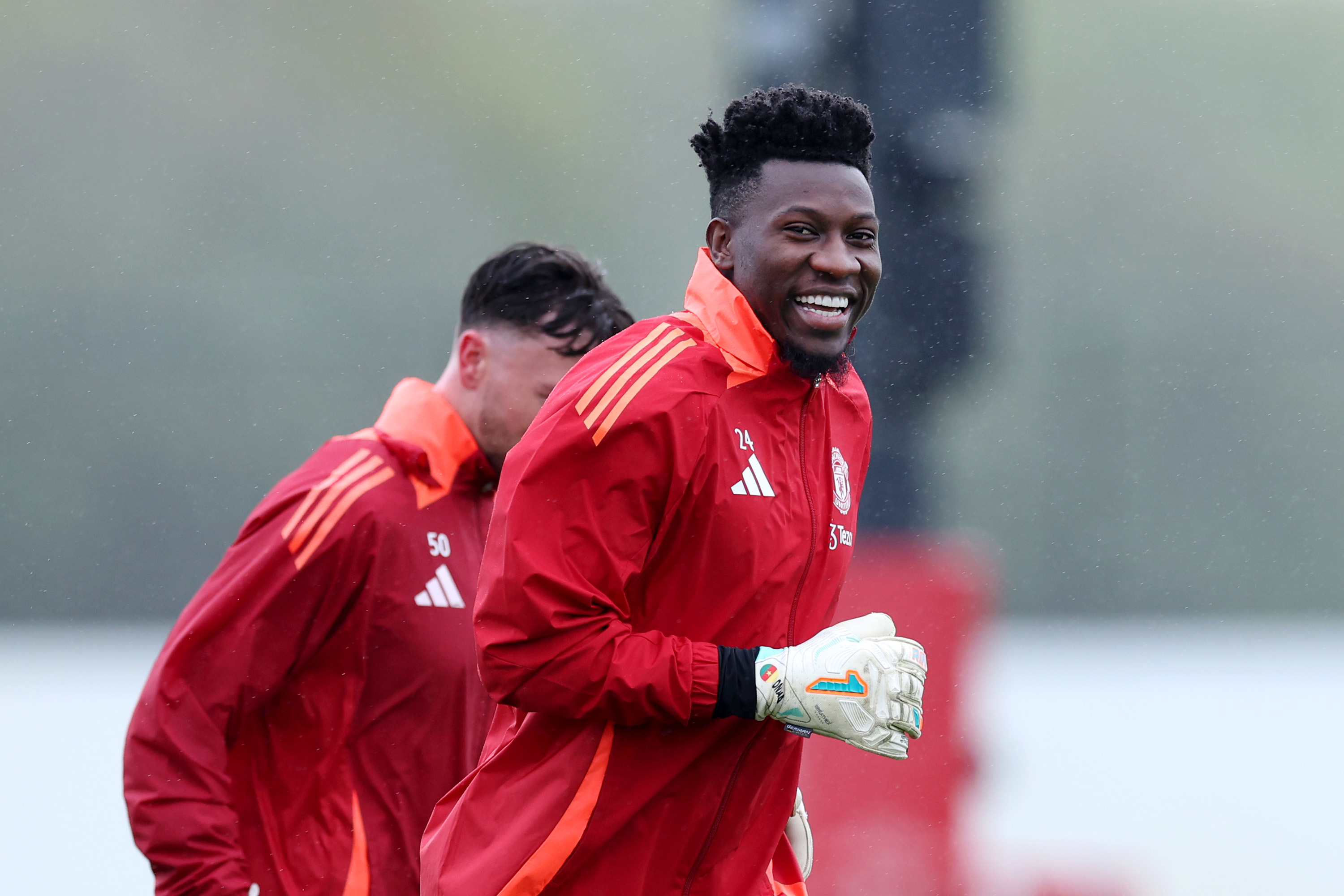 Andre Onana smiling in Man United training session