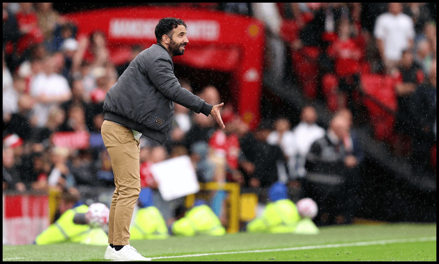 Ruben Amorim gestures from the touchline at Old Trafford.