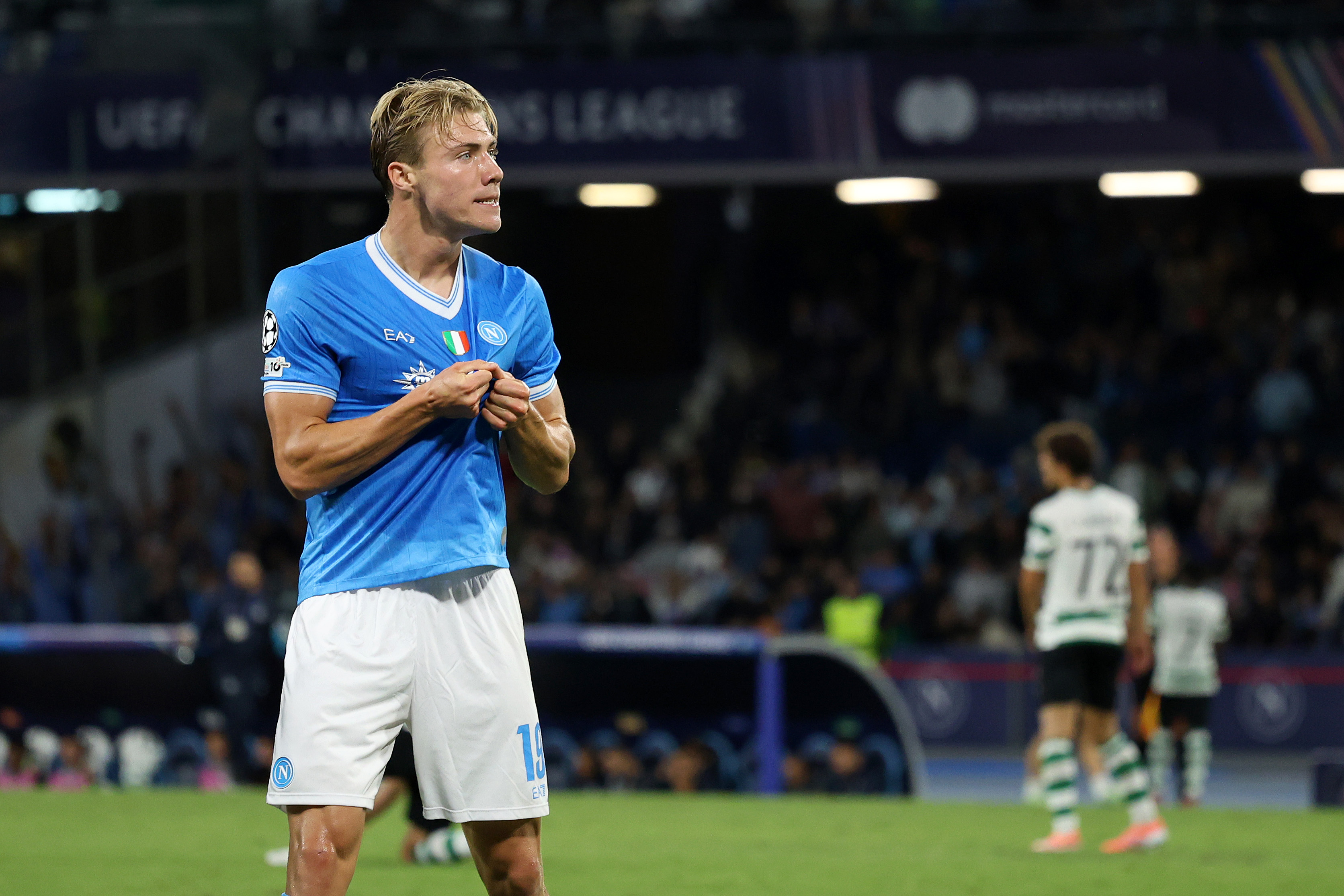 Rasmus Hojlund reacts after scoring for Napoli in the Champions League.