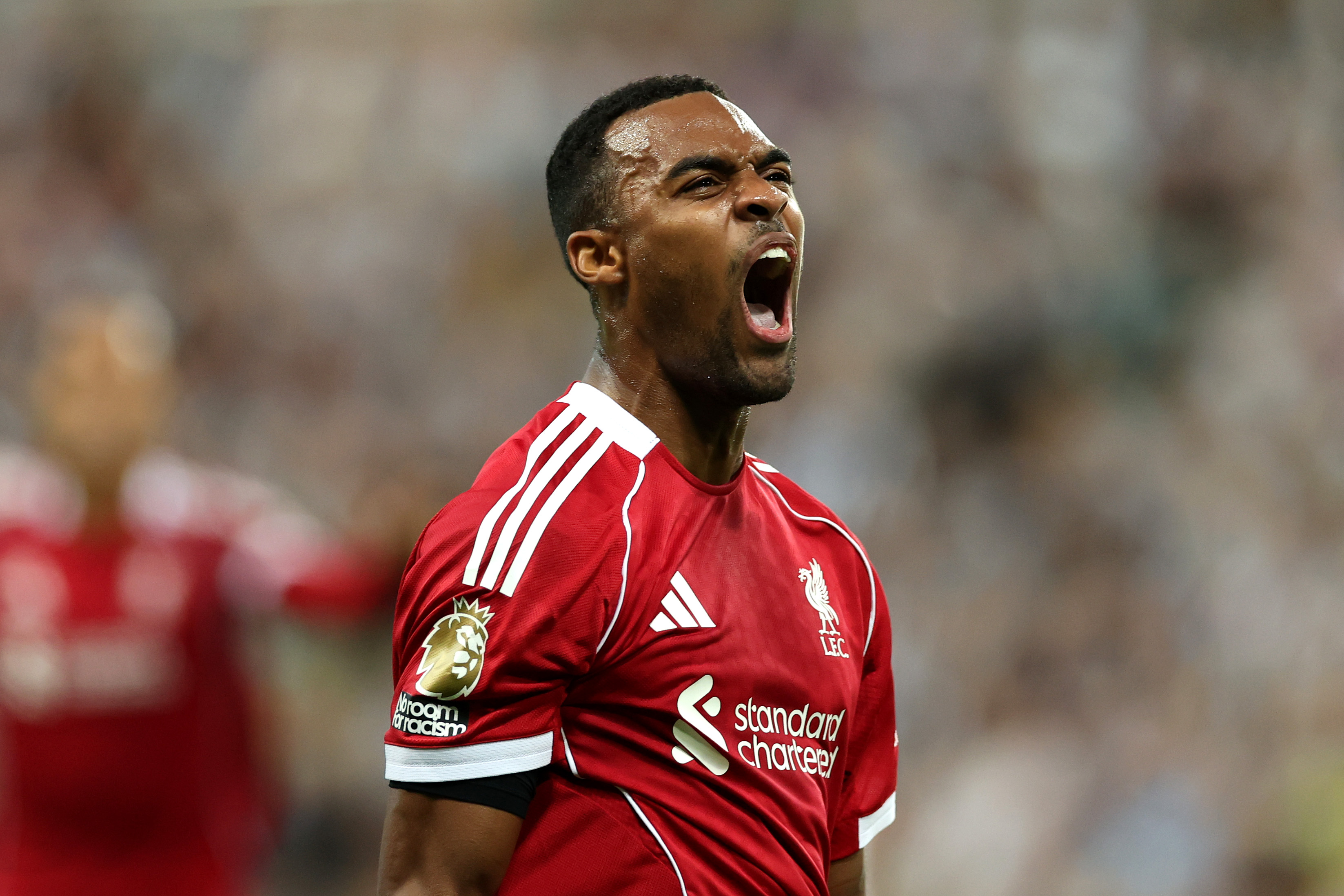 Ryan Gravenberch celebrates after scoring for Liverpool against Newcastle United.