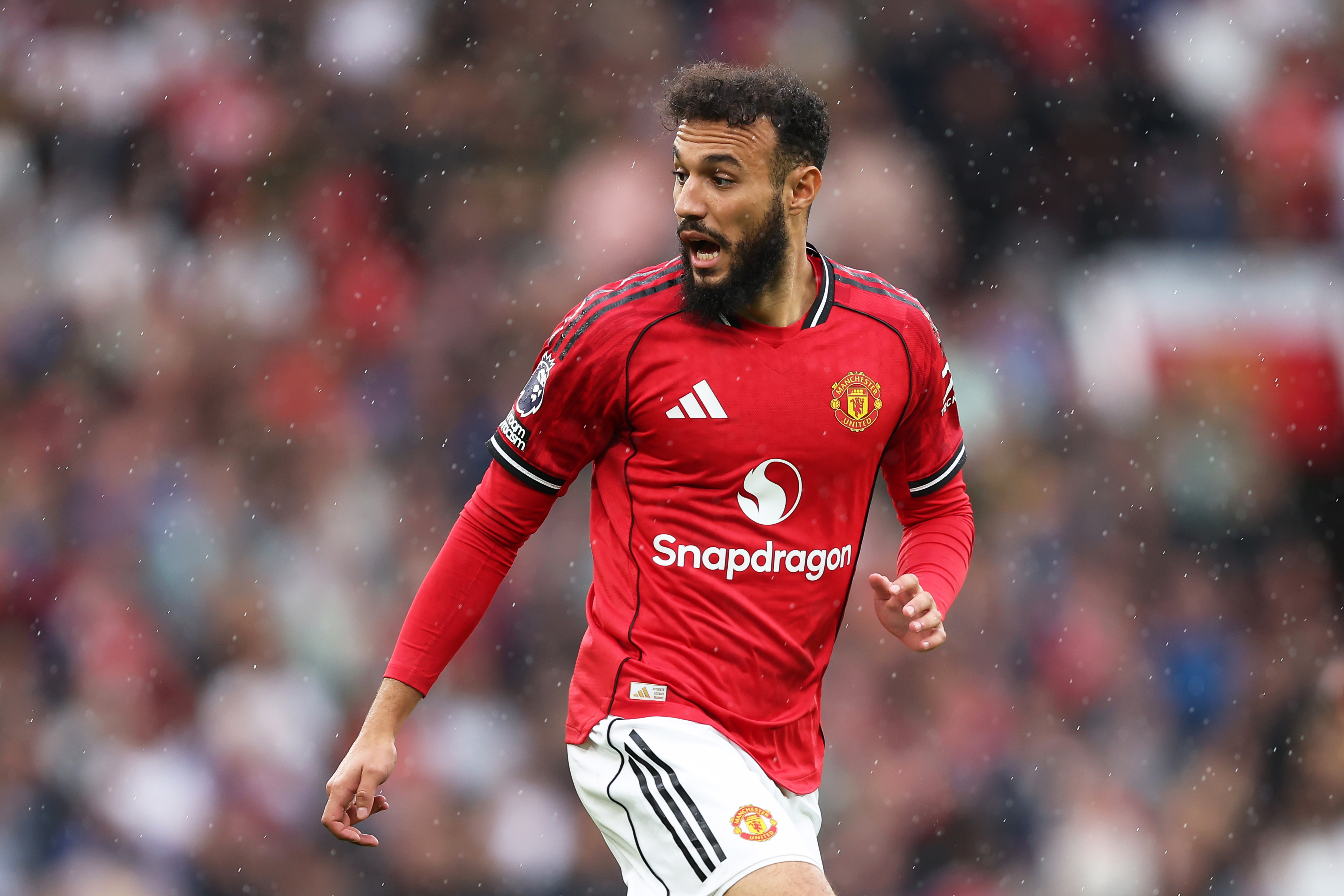 Noussair Mazraoui in action for Man United against Burnley.