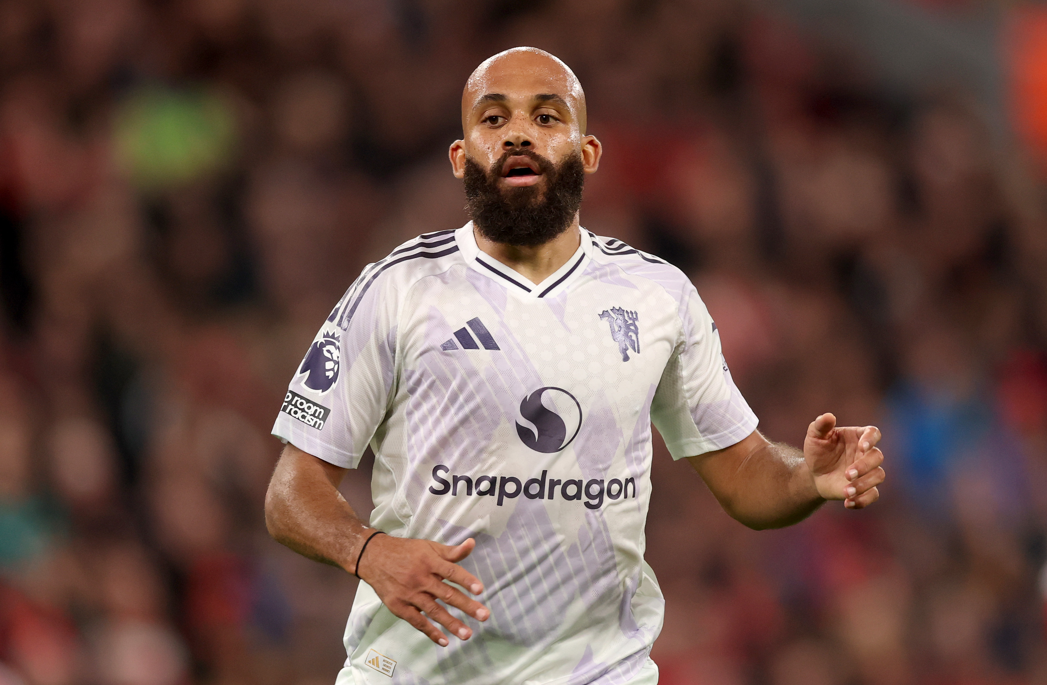 Bryan Mbeumo in action for Man United against Liverpool at Anfield.